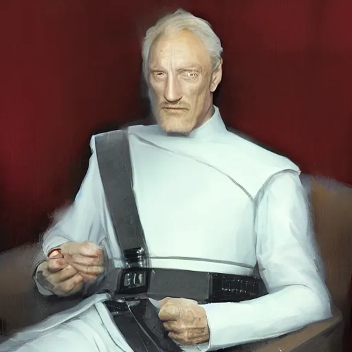 Image similar to portrait of a man by greg rutkowski, he looks like charles dance, star wars expanded universe, he is about 7 0 years old, wearing white and red chancellor clothes of the galactic triunvirate.