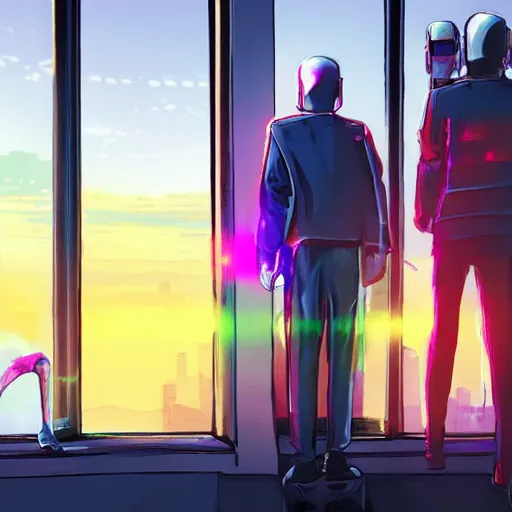 Prompt: a cinematic composition depicting : we're overlooking translucid crystal android being, whos is behind their heads up display viewing out of their window how a high tech lush solarpunk tribe collaborating with their technologic android helpers encroaching a cyberpunk resort at sunrise