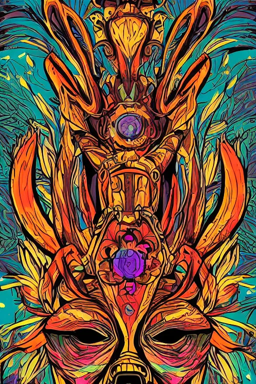 Image similar to animal mask totem roots flower tribal feather gemstone plant wood rock shaman vodoo video game vector cutout illustration vivid multicolor borderlands comics by josan gonzales and dan mumford radiating a glowing aura