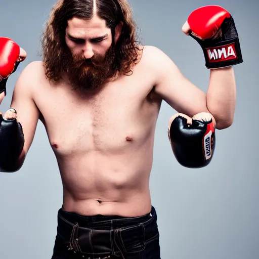 Image similar to jesus christ wearing mma gloves, studio photography