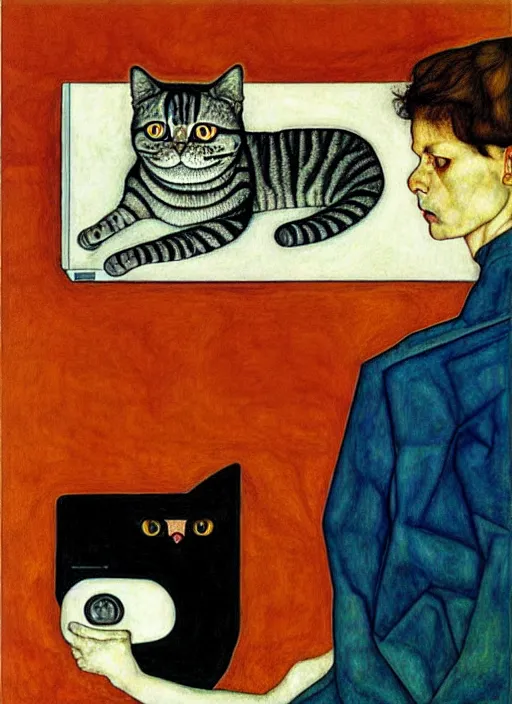 Image similar to creative python programmer with a computer and a cat in geometric harmony, by egon schiele and quint buchholz, portrait, colorful, escher++, detail