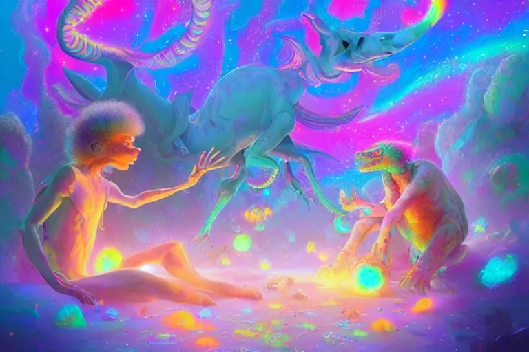 Image similar to a psychedelic realm made entirely out of love and acceptance and hypercolors. astral beings sharing love. cute smiling glowing skin glowing chibi style pixar baby dinosaurs in the style of greg rutkowski and wlop and lisa frank! and bob ross!!! and ruan jia, illustration, epic, fantasy, hyper detailed, smooth, unreal engine, sharp focus, ray tracing