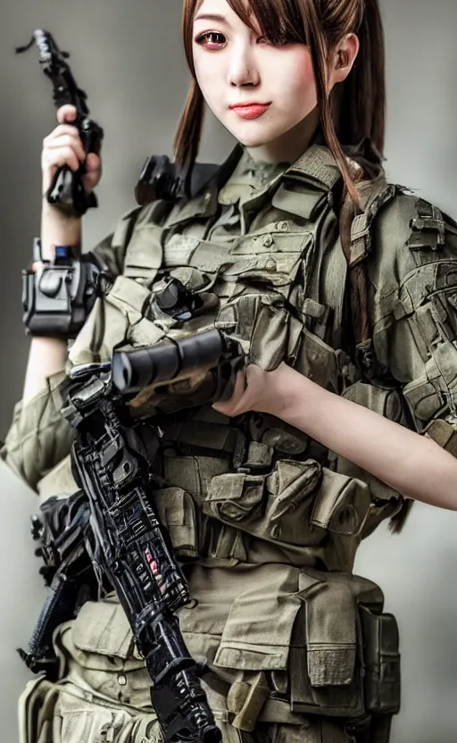 Image similar to portrait photo, highly detailed, high resolution, cosplay photo, stunning, girls frontline style, bokeh soft, 100mm, trending on instagram, by professional photographer, realistic human anatomy, real human faces, realistic military carrier, soldier clothing, modern warfare, realistic weapon, shot with a arriflex 35 ii, low saturation, small human eyes