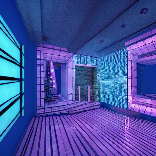 Image similar to a room with a staircase and a disco ball, a 3 d render by mor than, trending on tumblr, crystal cubism, vaporwave, retrowave, synthwave