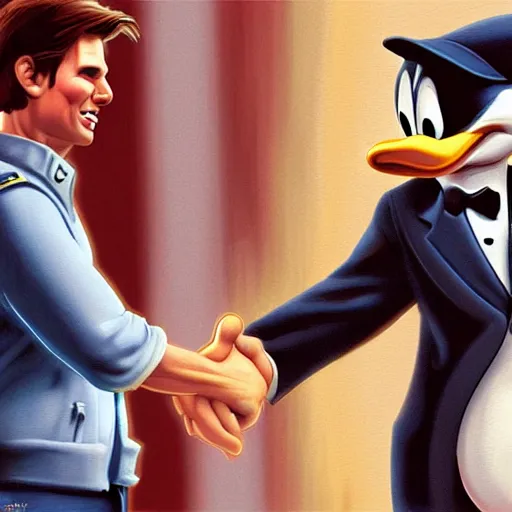 Prompt: tom cruise shaking hands with donald duck, digital art, highly - detailed, artstation cgsociety masterpiece