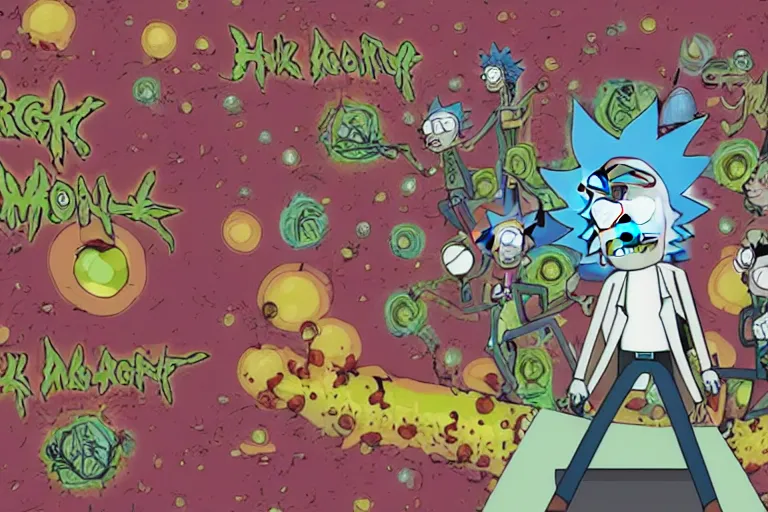 Image similar to hight detailed rick and morty wallpaper with hidden languages and symbolism