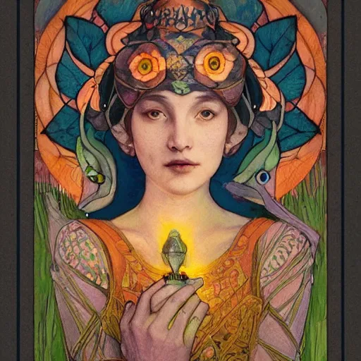 Image similar to queen of the dawn with her lantern and birds, by Annie Swynnerton and Nicholas Roerich, bioluminescent skin, floral tattoos, elaborate costume, geometric ornament, symbolist, smooth, sharp focus, extremely detailed, unreal engine