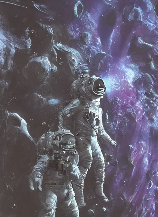 Image similar to astronauts in dark void underwater - complex and hyperdetailed technical suit. reflection and dispersion materials. rays and dispersion of light. volumetric light. f / 3 2. noise film photo. flash photography. ultra realistic, wide angle. poster by wayne barlowe, hajime sorayama aaron horkey, craig mullins