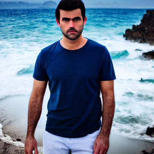 Image similar to real life photo of a Greek man, short dark hair, clean shaven, blue watery eyes, full round face, short smile, serene coastal setting, cinematic lightning, medium shot, mid-shot, highly detailed, photorealistic, 80mm, 85mm, cinematic wallpaper