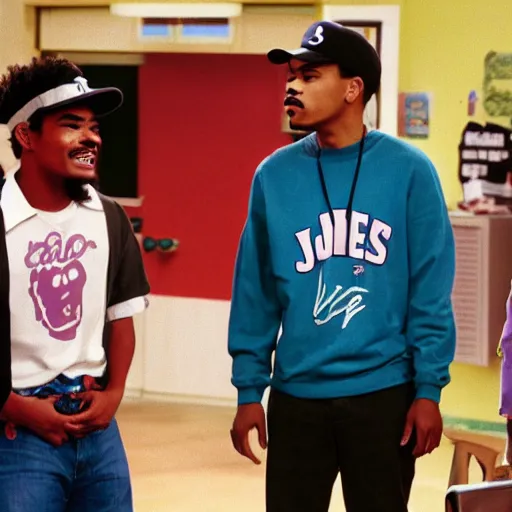 Image similar to a tv still of Chance The Rapper starring as a black college student at Jones College Prep in a 1993 sitcom