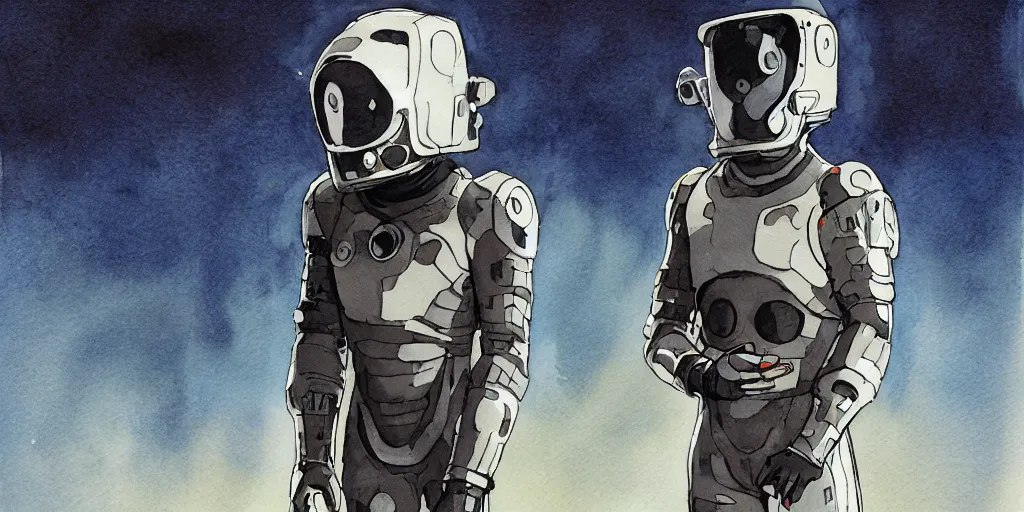 Image similar to male, full body, establishing shot, modern space suit, intriguing helmet, very stylized character design, the expanse tv series, large shoulders, short torso, long thin legs, tiny feet, science fiction, hyperdetailed, technical suit, dieselpunk, watercolor digital painting, in the style of mike mignola, by alex maleev