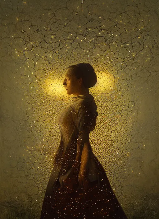 Image similar to portrait of a women with no vision who invented time surrounded by dreams made from fireflies, modern fine art, fractal, intricate, elegant, highly detailed, digital photography, subsurface scattering, by jheronimus bosch and greg rutkowski,