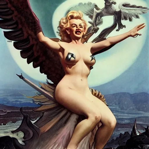 Prompt: an extremely detailed matte painting marilyn monroe as a terrifying valkyrie descending from valhalla on a pegasus, in the style of magic the gathering, 8 k, sharp focus, detailed face, art by john collier and albert aublet and krenz cushart and artem demura and alphonse mucha