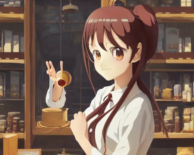 Image similar to anime visual, portrait of a young female traveler in a alchemist's shop interior, cute face by yoh yoshinari, katsura masakazu, studio lighting, dynamic pose, dynamic perspective, strong silhouette, anime cels, ilya kuvshinov, cel shaded, crisp and sharp, rounded eyes, moody