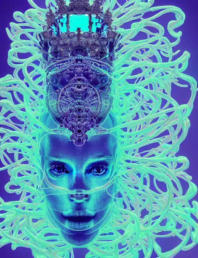 Image similar to symmetrical, centered, goddess close-up portrait wigh crown made of skulls. phoenix betta fish, phoenix, bioluminiscent creature, super intricate ornaments artwork by Tooth Wu and wlop and beeple and Dan Flavin and Daniel Buren and greg rutkowski