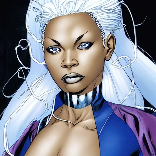 Image similar to Portrait of Ororo Munroe, a beautiful black woman in her 30s, with white hair and piercing blue eyes, detailed face, gentle kind expression, heroic, graphic novel, art by Chris Bachalo,