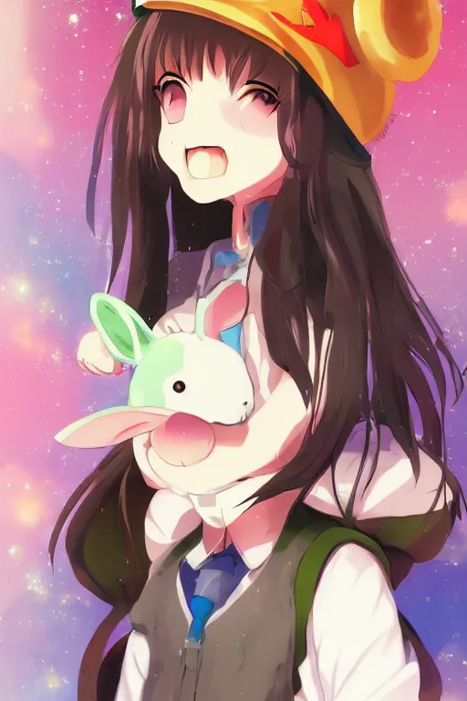Image similar to Poster of tonemapped Smiling anime girl with bunny hat in the style of Makoto Shinkai, Yun Koga and Artstation
