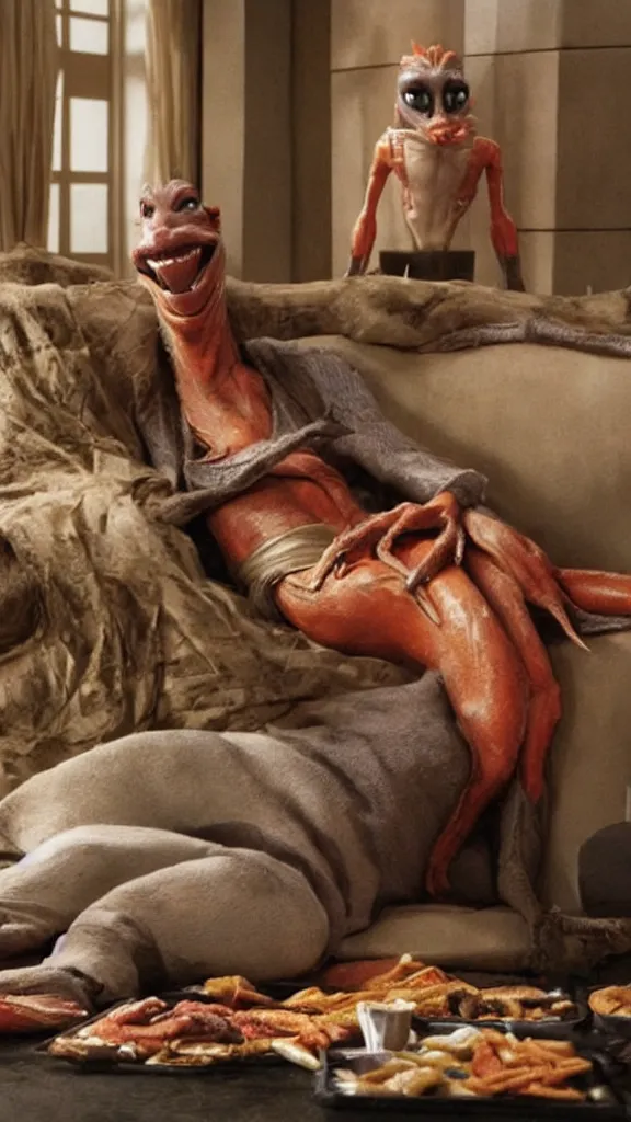 Prompt: jar jar binks lounging on his sofa in a dimly lit room, with fast food packaging strewn all over the floor