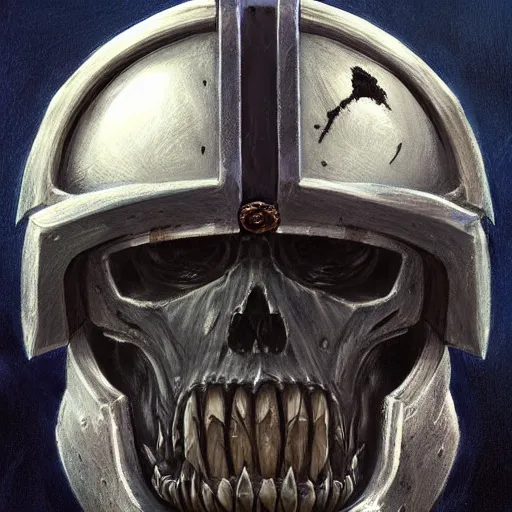 Prompt: space marine, knight, skull helmet, terrifying, grimdark, photorealistic, front view, symmetrical, artstation, art by brom