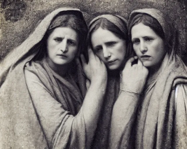 Prompt: the three marys at the sepulchre, expressive faces, julia margaret cameron