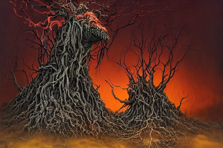 Prompt: Haunting horrifying hyperrealistic detailed painting of a strange bizarre creature sitting atop a giant throne of branches in a foggy hellscape with spread out pools of orange glowing liquid and goop, eyeballs bulging, sparks of fire flying, dystopian feel, heavy metal, disgusting, creepy, unsettling, in the style of Michael Whelan and Zdzisław Beksiński, lovecraftian, hyper detailed, trending on Artstation