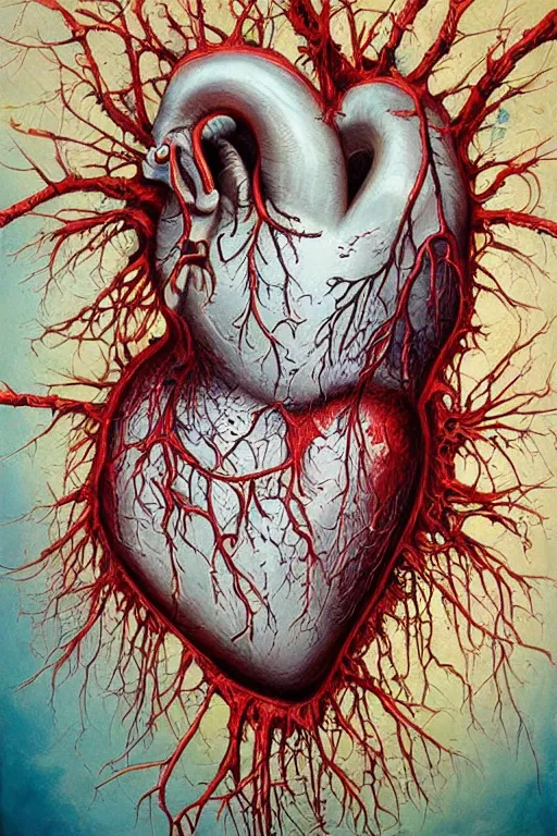 Image similar to Human Heart, hyper-realistic oil painting, Body horror, biopunk, by Alex Pardee