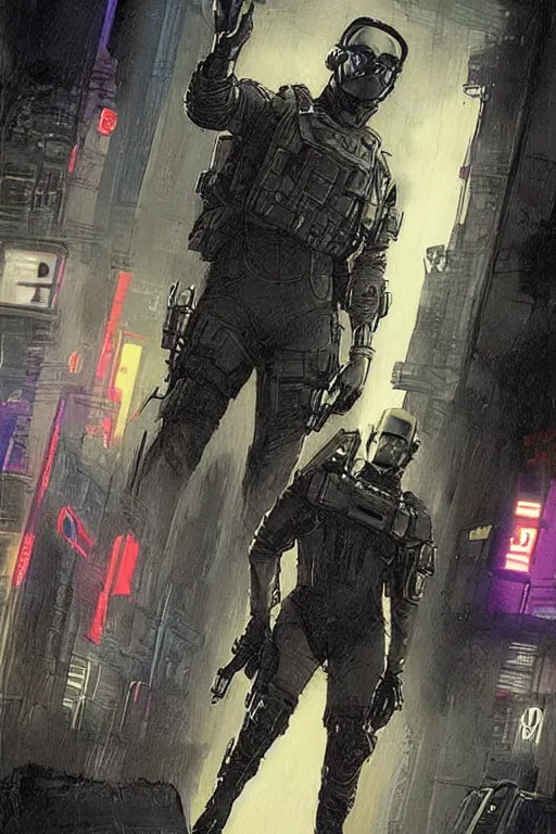 Image similar to hector. blackops spy in near future tactical gear, stealth suit, and cyberpunk headset. Blade Runner 2049. concept art by James Gurney and Mœbius.