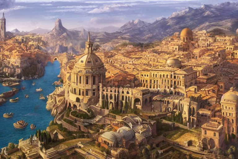 Image similar to an ultra detailed matte landscape painting of an italian renaissance capital city built on top of a large hill sweeping vista, italian renaissance architecture, ultrawide lense, aerial photography, 8 k, volumetric lighting, smooth, highly detailed, digital illustration, art by greg rutkowski and akira toriyama and artgerm