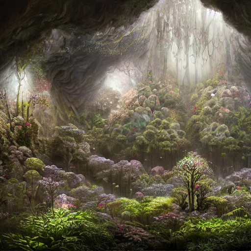 Prompt: biocomputer heart organ intertwined with white biocomputer flowers and biomechanical flowers in a cave robotic forest, intricate environment, matte painting, diffused lighting, highly detailed cinematic, atmosphere, diffused lighting, highly detailed digital art, trending on artstation, depth of field, wide angle