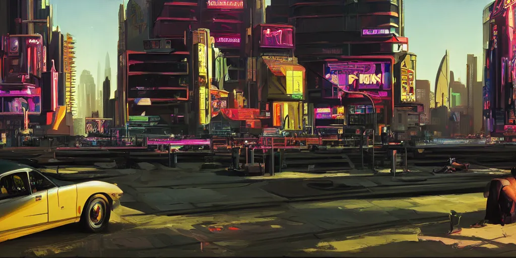 Image similar to art style by Ben Aronson and Edward Hopper and Syd Mead, wide shot view of the Cyberpunk 2077, on ground level.