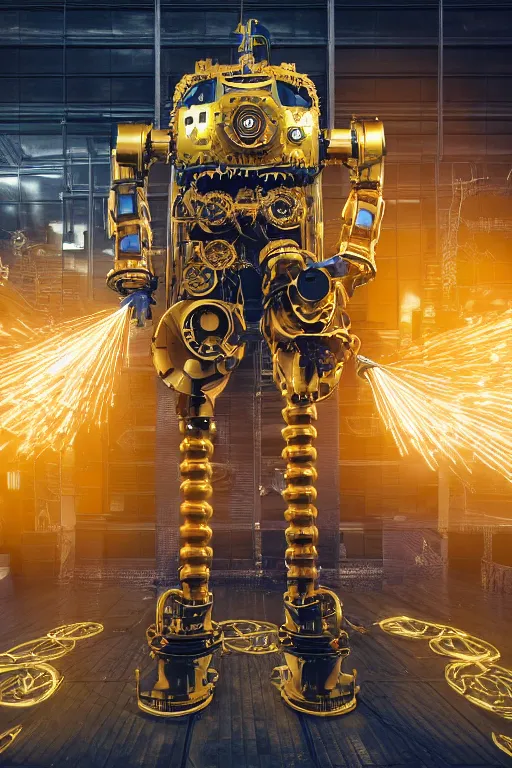 Image similar to portrait photo of a giant huge golden and blue metal humanoid steampunk robot cleaner robot, with gears tubes vaccuumcleaner, on the wet floor are mop and bucket, eyes are glowing red lightbulbs, shiny crisp finish, 3 d render, 8 k, insaneley detailed, fluorescent colors, background is multicolored lasershow