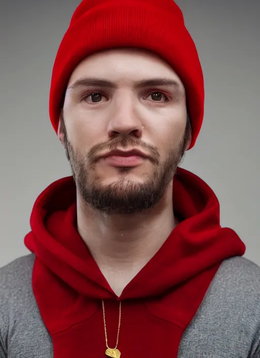 Prompt: portrait of a lithuanian man wearing a red beanie and sleeveless hoodie, gold necklace, highly detailed, realistic, studio quality, studio photo, studio lighting, trending on artstation, sharp focus, 4 k