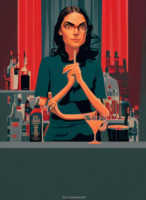 Image similar to poster artwork by Michael Whelan and Tomer Hanuka, Karol Bak of Alexandria Ocasio-Cortez bartender, from scene from Twin Peaks, clean, simple illustration, nostalgic, domestic, full of details