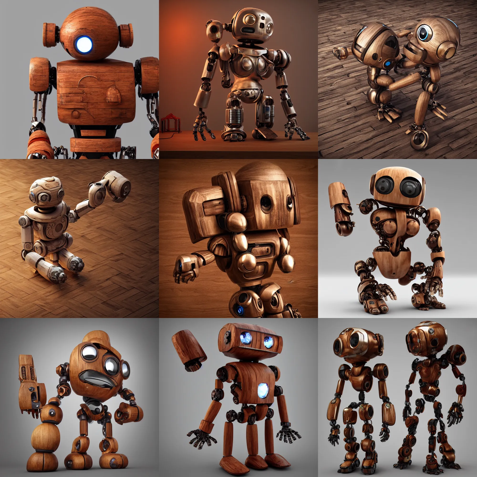 Prompt: 3 d octane render ultra photo realistic, wood carving cute robot roman wooden piedestal cyberpunk po contemporaryart