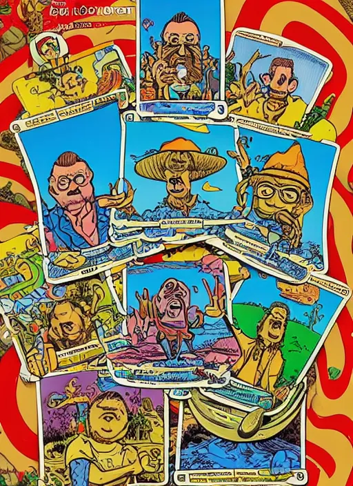 Image similar to dadcore wizards on vacation by basil wolverton and robert crumb in the style of a garbage pail kids card, tarot card, play - doh