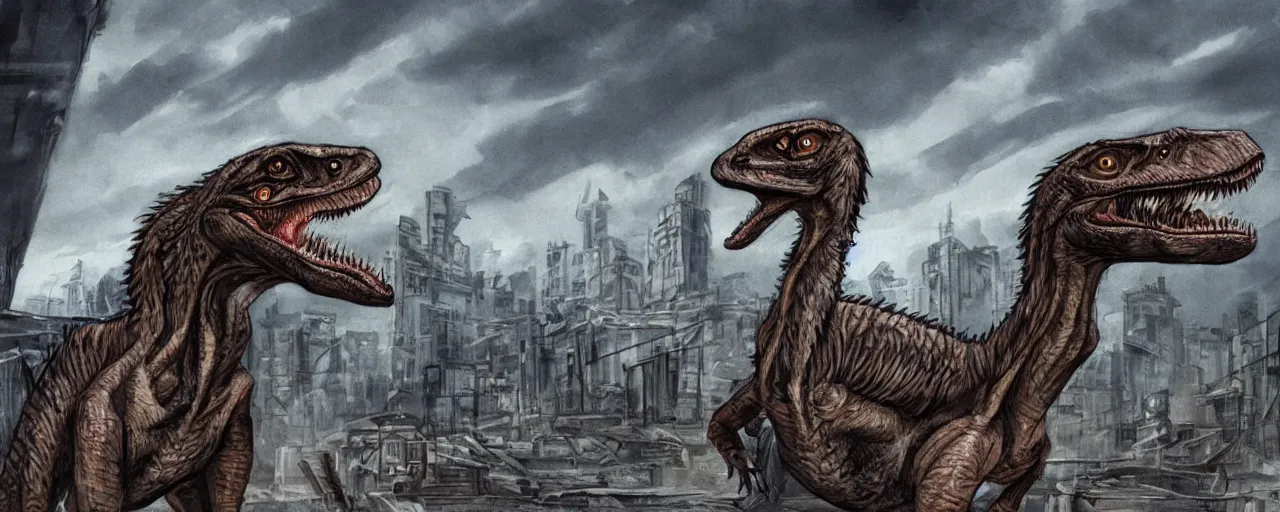 Image similar to An artwork of a velociraptor in a dystopian city, paleo art, brutalism