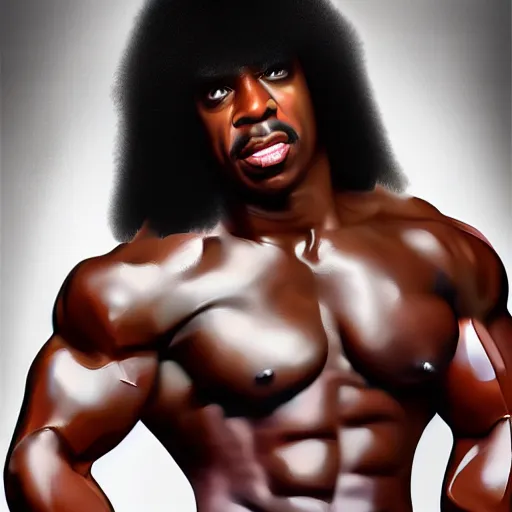 Image similar to Rick james with the physique of a body builder, hyper realistic, ultra detailed, cinematic, dynamic lighting, photorealistic, refined, intricate, digital art, digital painting, masterpiece, 8k