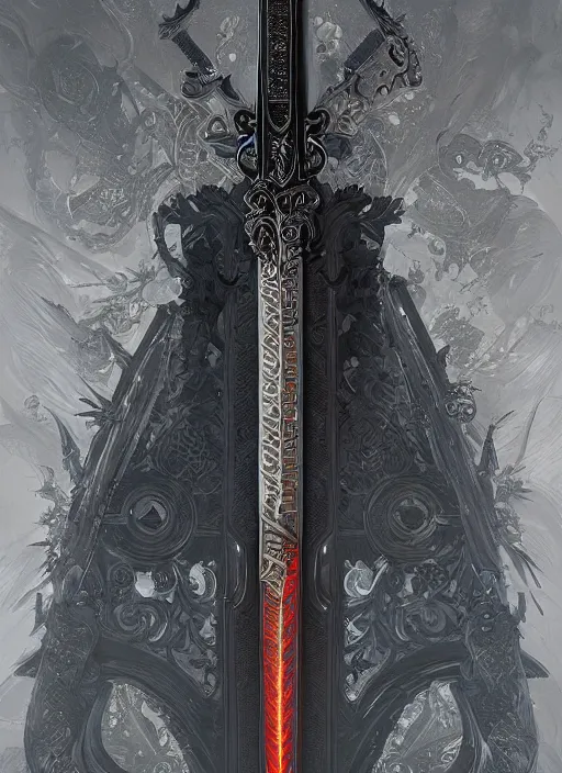 Image similar to legendary sword of technology, intricate black and iridescent blade, ornate gothic baroque spikes, glowing handle, detailed realistic, ray tracing, colored gems, art by greg rutkowski