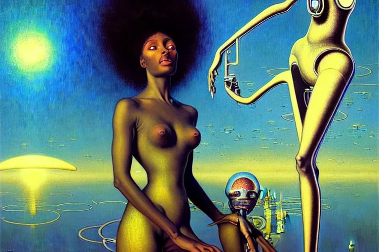 Image similar to realistic extremely detailed portrait painting of a beautiful black woman with a robot, futuristic sci-fi landscape on background by Jean Delville, Amano, Yves Tanguy, Ilya Repin, Alphonse Mucha, Ernst Haeckel, Edward Robert Hughes, Roger Dean, rich moody colours, blue eyes