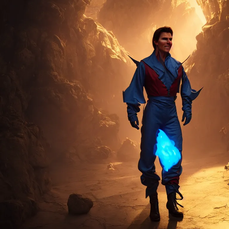 Prompt: a cinematic shot of Tom Cruise wearing jester costume, colorful, octane render, volumetric lighting, nvidia raytracing demo, by Andy Thomas, Mario Martinez, Daniel Mirante, Gustave Dore, Artstation, CGsociety, masterpiece