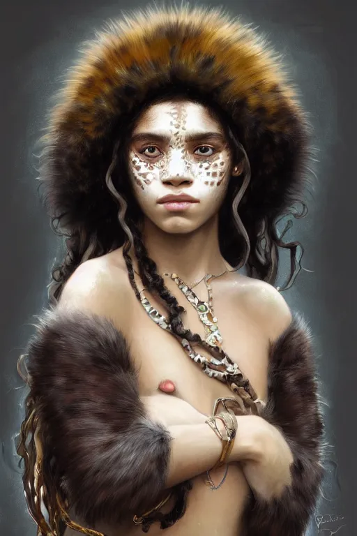 Prompt: portrait of a beautiful young aztec girl with vitiligo, wearing jaguar fur cloths, different colored eyes, curly black and brown hairs, by greg rutkowski and alphonse mucha, d & d character, gradient white to silver, highly detailed portrait, digital painting, artstation, concept art, smooth, sharp focus ilustration, artstation hq