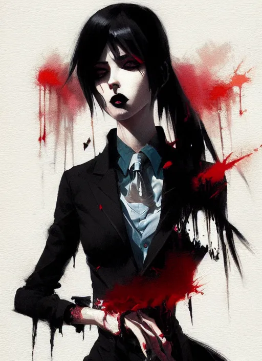 Image similar to ultradetailed beautiful panting of a stylish goth woman wearing a shirt with a tie, dramatic, she has black hair, distressed, by greg rutkowski, ashley wood, makoto shinkai, ilya kuvshinov, on artstation