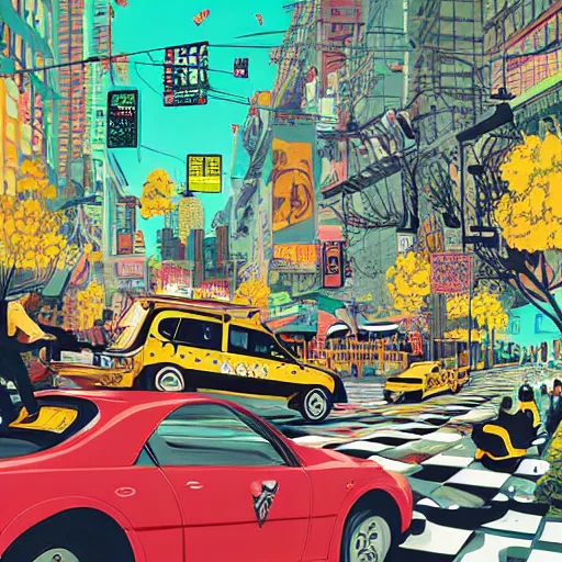 Image similar to crazy taxi real life by victo ngai and michaelangelo