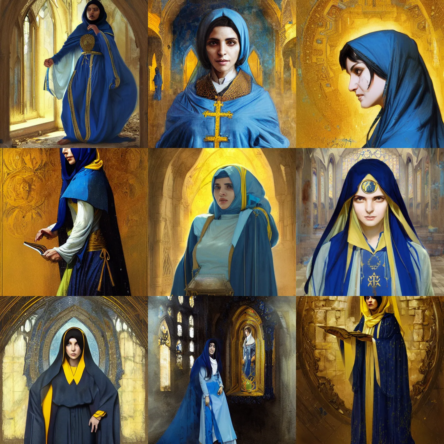 Prompt: portrait of a middle - eastern female cleric with straight black hair wearing blue and yellow vestments exploring an abandoned church, half body, fantasy, highly detailed, digital painting, artstation, concept art, character art, art by greg rutkowski and tyler jacobson and alphonse mucha