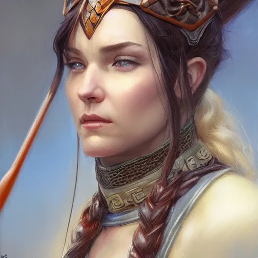 Image similar to lauren as a realistic d & d fantasy character, closeup portrait art by donato giancola and greg rutkowski, vintage retro, realistic face, digital art, trending on artstation, symmetry!!