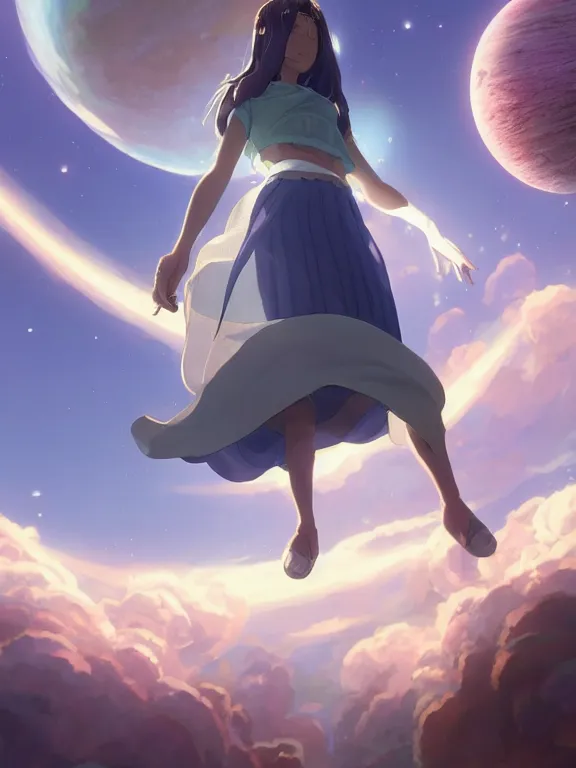 Prompt: a godly, wise, powerful giant girl wearing a skirt in space holding a small planet in her left hand. Soft lighting, cosmic skies, stunning, 8K, octane render. By Makoto Shinkai, Stanley Artgerm Lau, WLOP, Rossdraws, James Jean, Andrei Riabovitchev, Marc Simonetti, krenz cushart, Sakimichan, D&D trending on ArtStation, digital art.