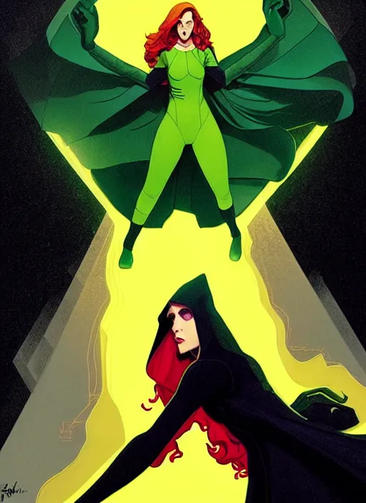 Image similar to Rafeal Albuquerque comic art, Joshua Middleton comic art, cinematics lighting, beautiful Anna Kendrick supervillain, green dress with a black hood, yellow eyes, angry, symmetrical face, symmetrical eyes, full body, flying in the air, night time, red mood in background