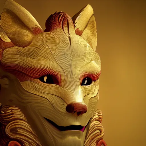 Prompt: a beautiful male holographic spirit wearing a kitsune mask made of wood of a sacred tree, detailed and intricate, cinematic, elegant, realistic, unreal engine 5, movie still