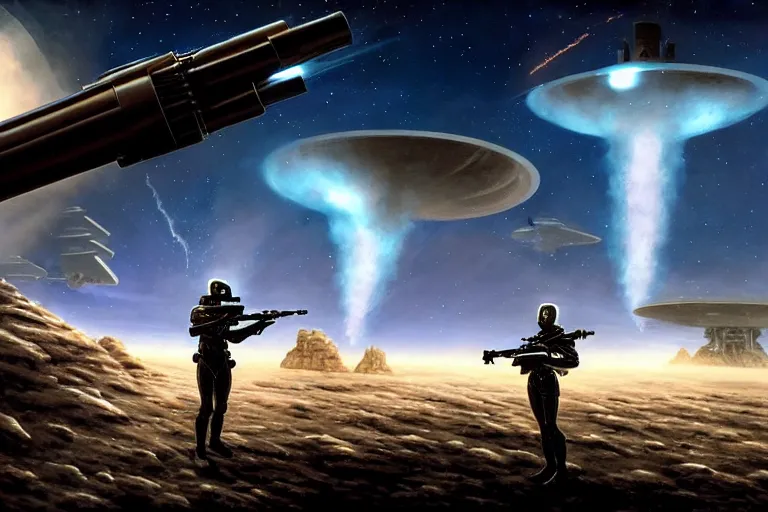 Prompt: Epic science fiction landscape. In the foreground is futuristic anti-air artillery firing into the sky, in the background an alien spaceship is escaping. An officer stands next to the artillery pointing upwards. Stunning lighting, sharp focus, extremely detailed intricate painting inspired by Gerald Brom and Mark Brooks