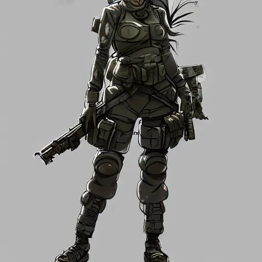 Prompt: anime beautiful female soldier, full round face, full body, post apocalyptic setting, futuristic, medium shot, mid-shot, highly detailed, trending on Artstation
